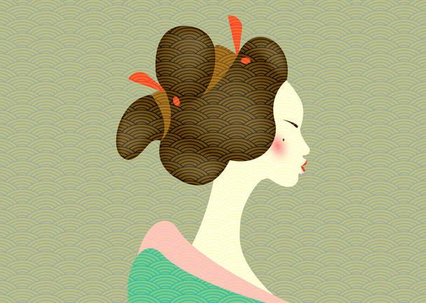 Vintage portrait of the young Japanese woman an ancient hairstyle. Geisha, maiko, princess. Traditional Asian Girl style. Print, poster, t-shirt, card. Vector old Japanese pattern green background - Vetor, Imagem