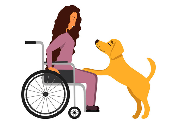 Duygusal destek hayvan sağlığı hizmetleri. Tekerlekli sandalyedeki mutlu engelli kadın. Servis hayvanı ve hasta izole edildi. Hayvan destekli terapi ilaç servisi. Çizgi film tarzında vektör illüstrasyonu. - Vektör, Görsel