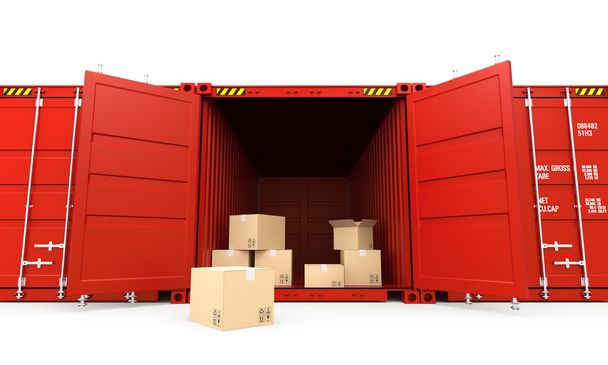 karton kutuları ile açılan kırmızı kargo konteyner - Fotoğraf, Görsel