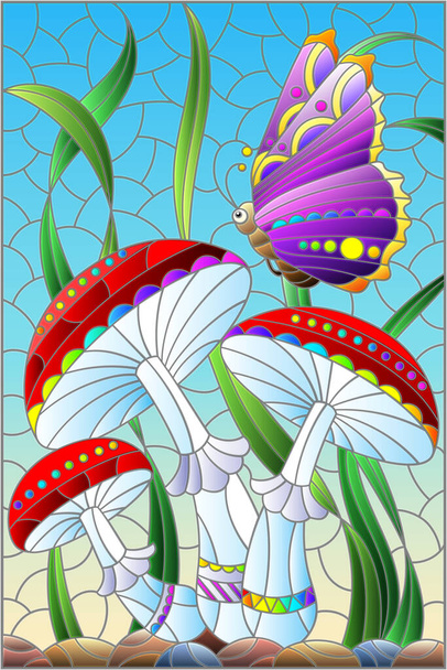 Illustrazione nello stile di una finestra di vetro colorato con funghi luminosi, erba e una farfalla su uno sfondo blu, immagine rettangolare - Vettoriali, immagini