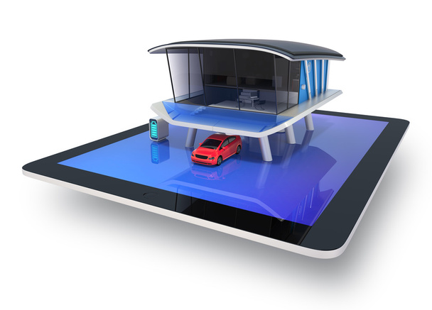 Eco casa visualizzazione sullo schermo del tablet, mostra con grafico ad alta efficienza energetica
 - Foto, immagini