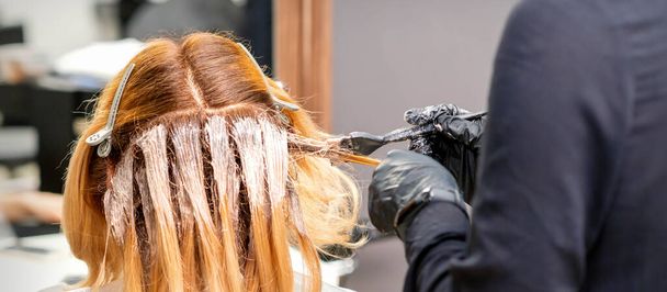 Female hairdresser dyeing hair of young caucasian woman in hair salon - Photo, Image