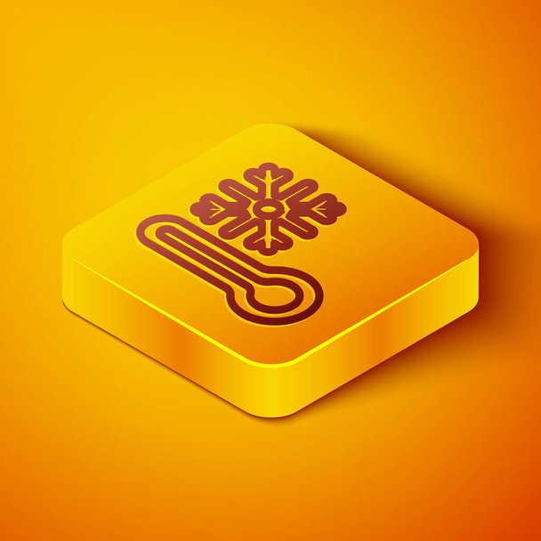 Isometric line Thermometer with snowflake icon isolated on orange background. Yellow square button. Vector. - Vector, Image