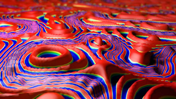 3D-Darstellung eines psychedelischen Hintergrundes mit konzentrischen Formen in unregelmäßigen Farben und mit Relief umgeben von verzerrten Linien auf einem sehr farbenfrohen, unregelmäßigen Hintergrund und unscharf. - Foto, Bild