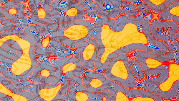 3D-Darstellung eines psychedelischen Hintergrundes aus farbigen konzentrischen Formen, umgeben von verzerrten Linien auf unregelmäßigem Hintergrund - Foto, Bild