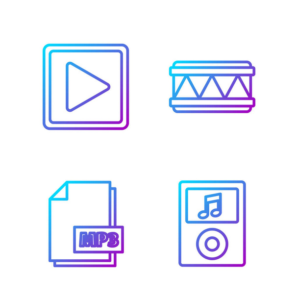 Imposta la linea Lettore musicale, documento file MP3, Riproduci in quadrato e tamburo. Icone di colore sfumato. Vettore. - Vettoriali, immagini
