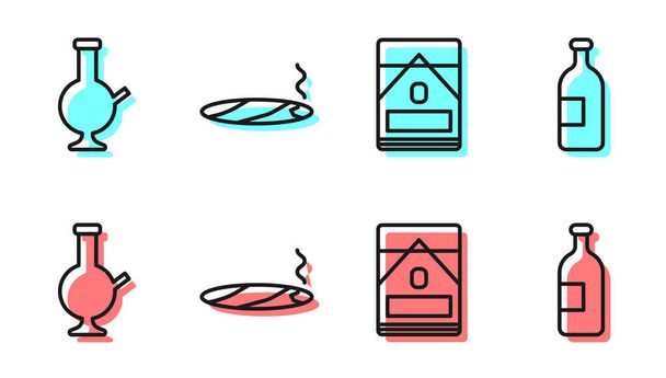 Set line Cigarettes pack box, Glass bong for smoking marijuana, Cigar with smoke and Alcohol drink bottle icon. Vector. - Vector, Image