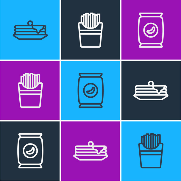 Set line Stack of pancakes, Bag or packet potato chips and Potatoes french fries in box icon. Vector. - Vector, Image