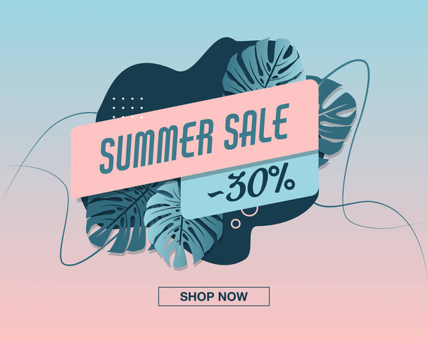 Summer Sale blue and pink banner, hot season discount poster with tropical leaves - Vektör, Görsel