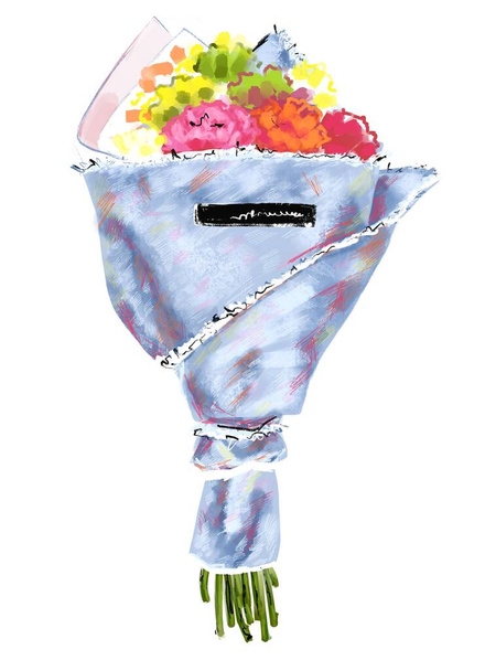 Ręcznie rysowana botaniczna ilustracja bukietu z abstrakcyjnymi kwitnącymi kwiatami w zielonych, różowych, fioletowych, żółtych kolorach. Pocztówka ze sztuką botaniczną dla wszystkich fanów roślin i kwiatów. Logo studia Floristic - Zdjęcie, obraz