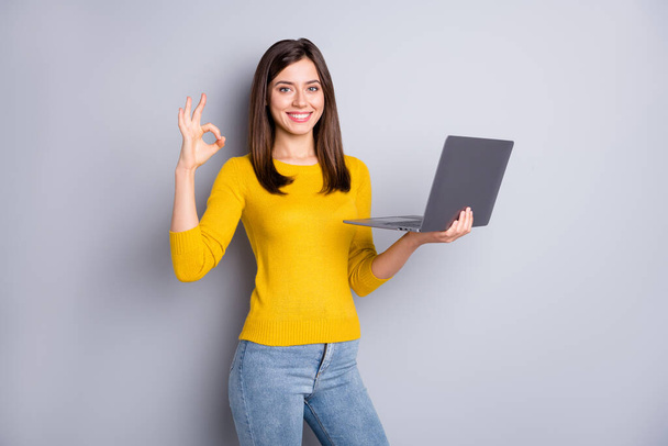 Ritratto di ragazza piuttosto allegra che tiene in mano utilizzando il computer portatile mostrando annuncio ok-segno isolato su sfondo di colore grigio - Foto, immagini