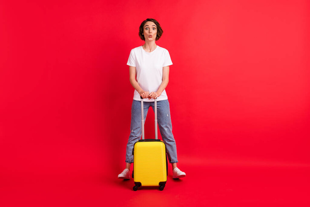 Full length body size view of lovely funky cheerful girl holding bag having fun pout lips isolated over bright red color background - Foto, Imagen