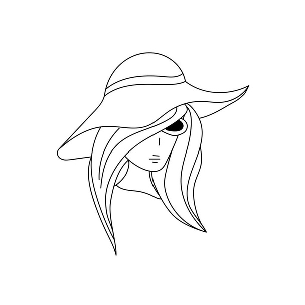 chica en un sombrero, dibujo de contorno de una mujer en un tocado ancho y gafas con ilustración de vector de pelo largo y recto - Vector, imagen