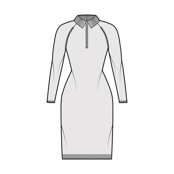 Zip-up dress Sweater technical fashion illustration with henley neck, classic collar, long sleeve, fitted, hip length - Vector, Image