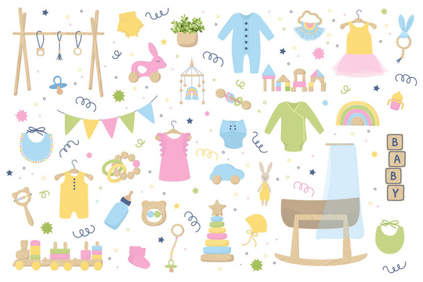 Baby trendy clothes, accessories and wooden toys. Zero waste Nursery collection with body suit, montessori toys, cradle, bassinet. Hand drawn vector illustration set isolated on white background. - Вектор, зображення