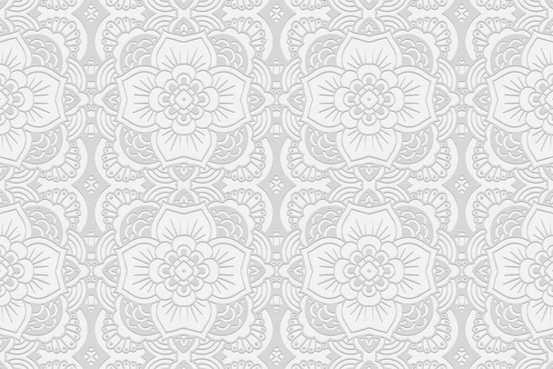 Geometric volumetric convex white background. Ethnic African, Mexican, Indian motives. Handmade style. 3D embossed large floral pattern for presentations, wallpapers, websites, textiles. - Vetor, Imagem