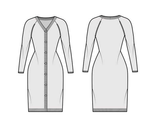 Kardigán ruha pulóver technikai divat illusztráció V-nyakú, hosszú raglan hüvely, gomb lezárása, vékony illeszkedés, berendezés - Vektor, kép