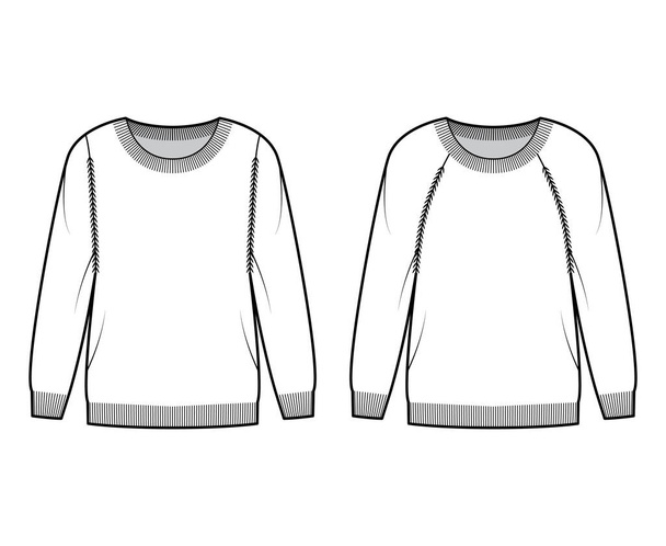 Zestaw swetrów okrągły dekolt ilustracja techniczna moda z długimi rękawami raglan, przerośnięte, długość biodra, wykończenie mankiet żebra - Wektor, obraz