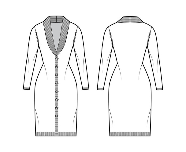 Robe cardigan Col châle Pull illustration technique de mode avec manches longues, corps ajusté, garniture en tricot, fermeture - Vecteur, image
