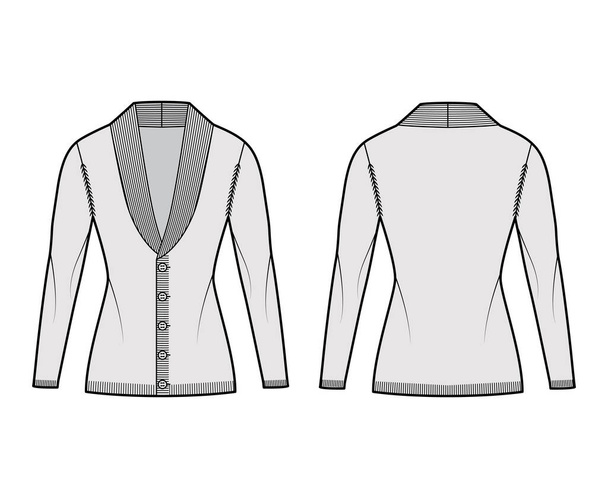 Svetr Shawl límec svetr technická módní ilustrace s dlouhými rukávy, vestavěné tělo, pletený střih, zapínání knoflíků - Vektor, obrázek