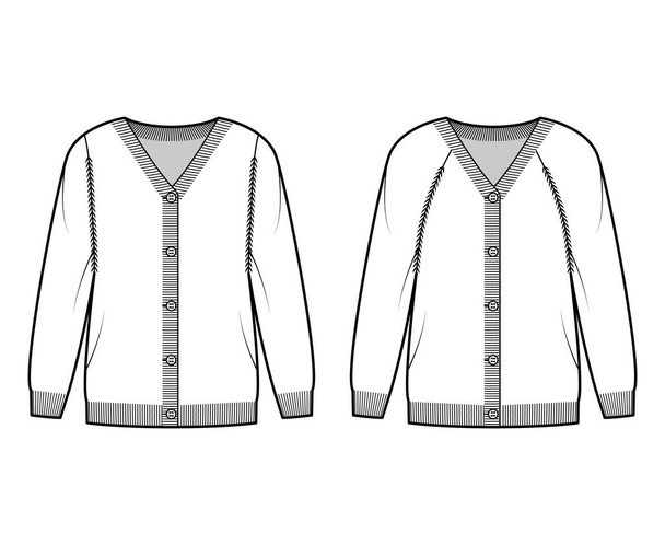 Zestaw kardigan Sweter ilustracja moda techniczna z V-szyi, długie rękawy raglan, zamykanie guzików przerośnięte - Wektor, obraz