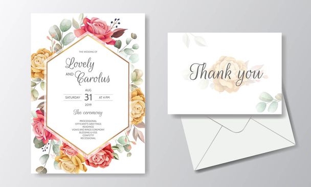 Gyönyörű virágkoszorú esküvői meghívó kártya sablon - Vektor, kép