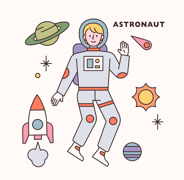Űrhajós karakter és ikon készlet. lapos design stílus minimális vektor illusztráció. - Vektor, kép