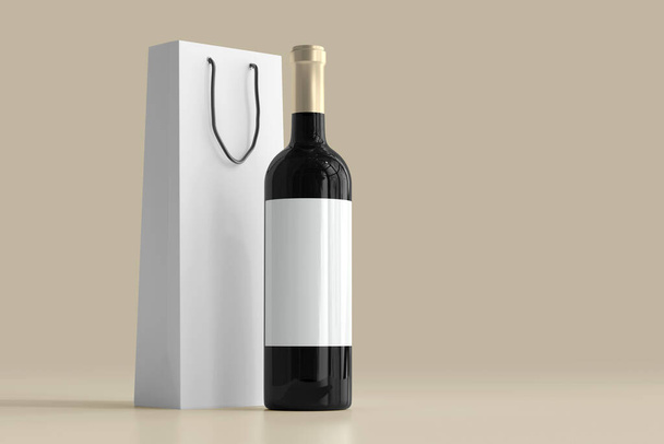 Botella de vino tinto y bolsa de compras con etiqueta vacía - Foto, imagen