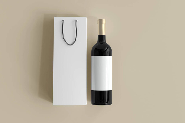 Bouteille de vin rouge et sac à provisions avec étiquette vide - Photo, image