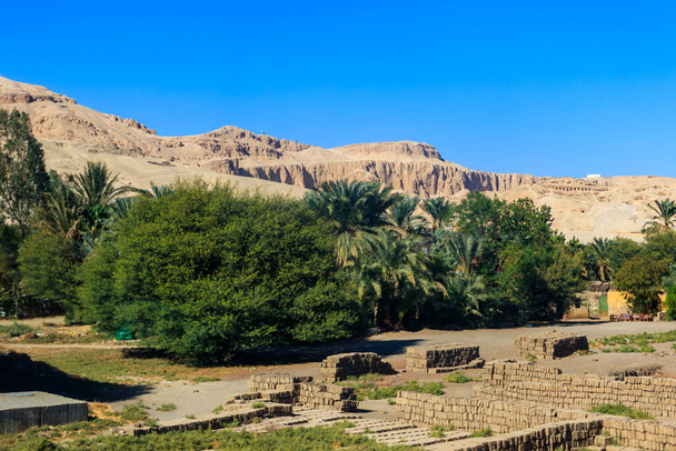 Άποψη των βουνών και των πράσινων δέντρων στο Λούξορ, Αίγυπτος - Φωτογραφία, εικόνα