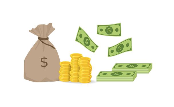 Pénzeszsák, érme és pénz - Vektor, kép