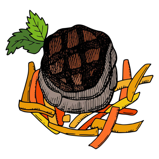Franse keuken. Eend borststuk met gegrilde groenten. Handgetekende stijl. Geïsoleerde vector voedsel illustratie op een witte achtergrond. - Vector, afbeelding