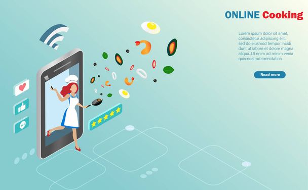 Online vysílání pro vaření. Žena vaření na obrazovce smartphone s potravinami ingredience a sociální sítě spojující ikony.  - Vektor, obrázek