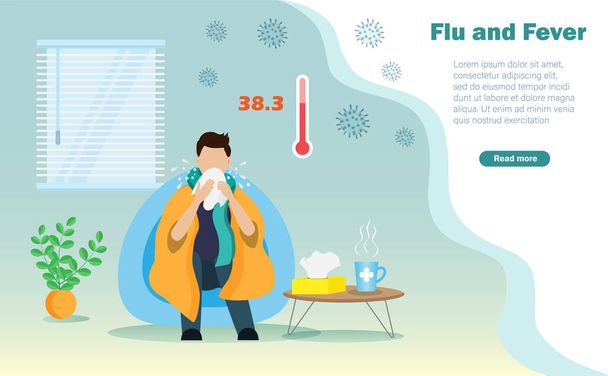 Kranker Mann mit hoher Körpertemperatur leidet unter Grippe und Fieber, hält Gesichtsgewebe, niest mit Tröpfchen und Airbornes - Vektor, Bild
