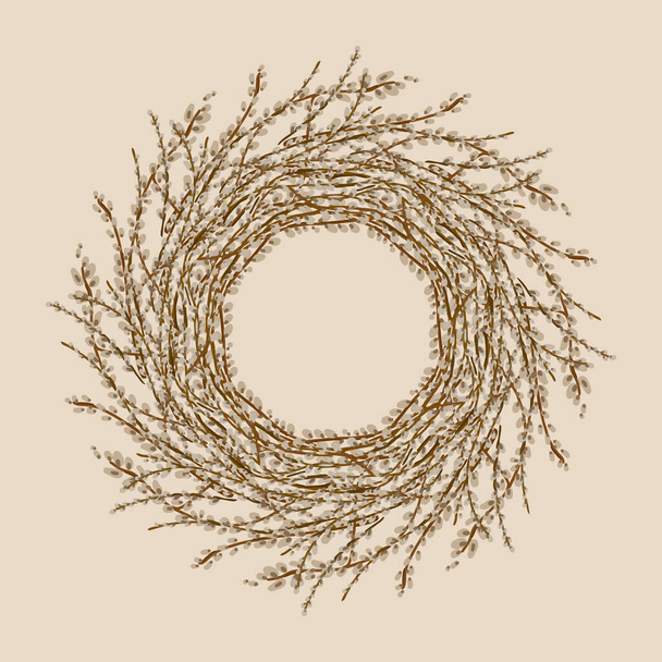 Round frame with blooming willows - Vector, Image