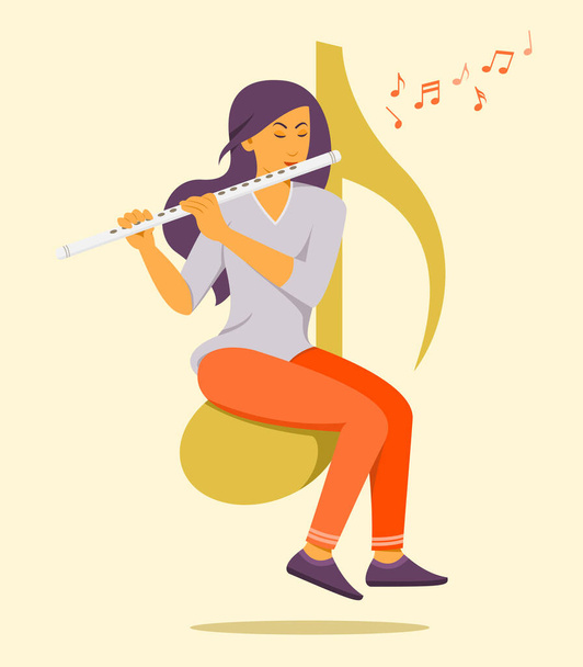 Woman Sit on the Big Music Note Symbol and Enjoy to Play Flute. - Vector, Image