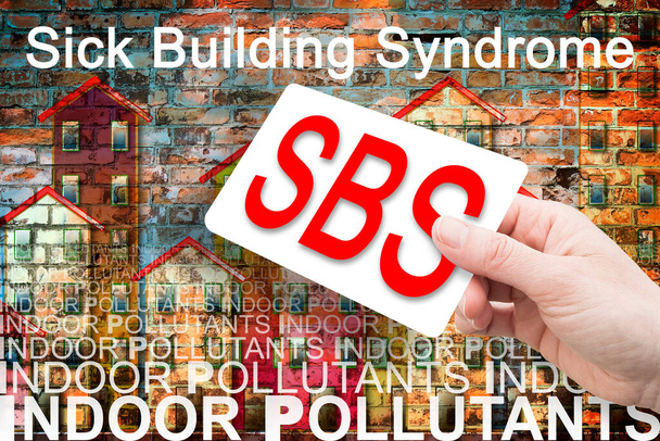 Sick Building Syndrome koncept image s on nejčastější nebezpečné domácí znečišťující látky můžeme najít v našich domovech, které způsobují špatnou kvalitu vnitřního ovzduší a chronické onemocnění. - Fotografie, Obrázek