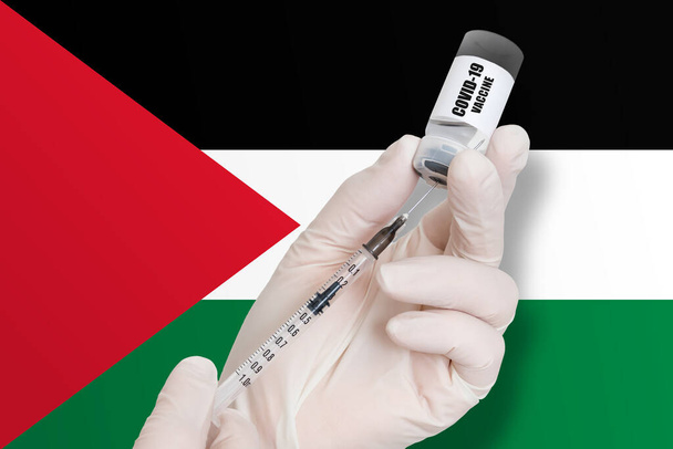 Vaccinazione in Palestina. Vaccino per la protezione contro la Covid-19 sullo sfondo della bandiera nazionale. - Foto, immagini