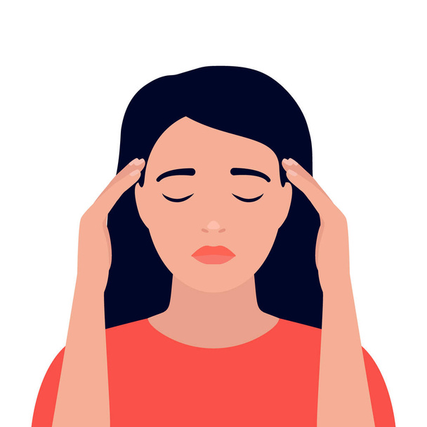 Woman is in headache, dizziness, stress, pain in head and anxious thoughts. Young girl hold head hands. Depression, mental disorder. Vector illustration - Vector, Image