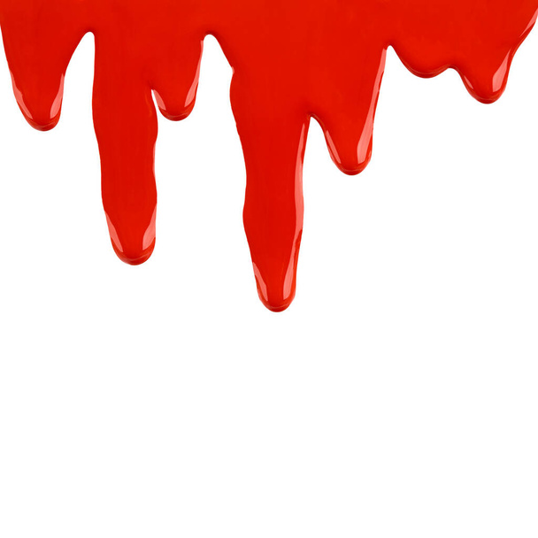 verf druipt geïsoleerd op wit. vloeibare rode verf stroomt eraf - Foto, afbeelding