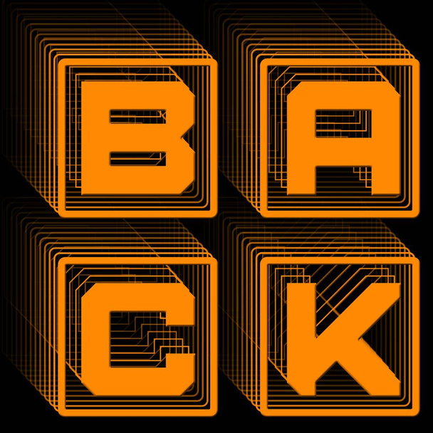 VOLTAR - lettering laranja no quadro como logotipo quadrado com efeito de repetição no fundo preto - Ilustração 3D - Foto, Imagem