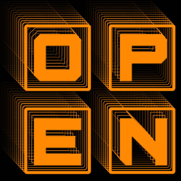 OPEN - letras naranjas en el marco como logotipo cuadrado con efecto de repetición sobre fondo negro - Ilustración 3D - Foto, Imagen