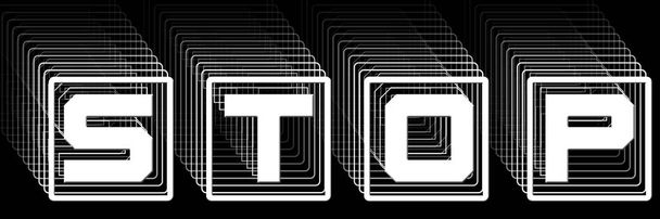 STOP - letras blancas en marco como etiqueta abstracta con efecto repetitivo sobre fondo negro - Ilustración 3D - Foto, Imagen