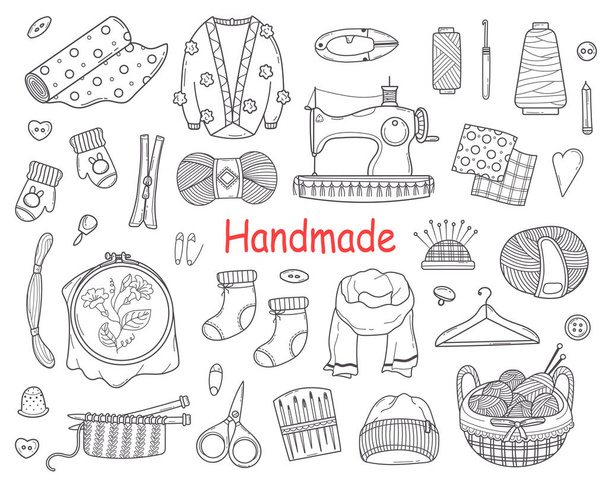 Doodle Set with Knitting and Sewing Tools for Handmade, Needlework,creativity in Sketch style. Hand Drawn Outline Accessories for Dressmaking and Tailoring.Vector Illustration. - Vektör, Görsel