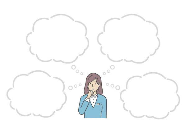 Vector Illustration of young business woman in trouble or confused with speech bubbles. - Vector, Image
