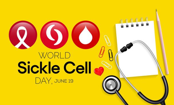 Dünya Orak Hücre Günü her yıl 19 Haziran 'da gözlemlenir. Bu, vücut boyunca oksijen taşımak için yeterli sayıda sağlıklı hücrenin bulunmadığı kalıtsal bir alyuvar hastalığıdır. Vektör illüstrasyonu - Vektör, Görsel