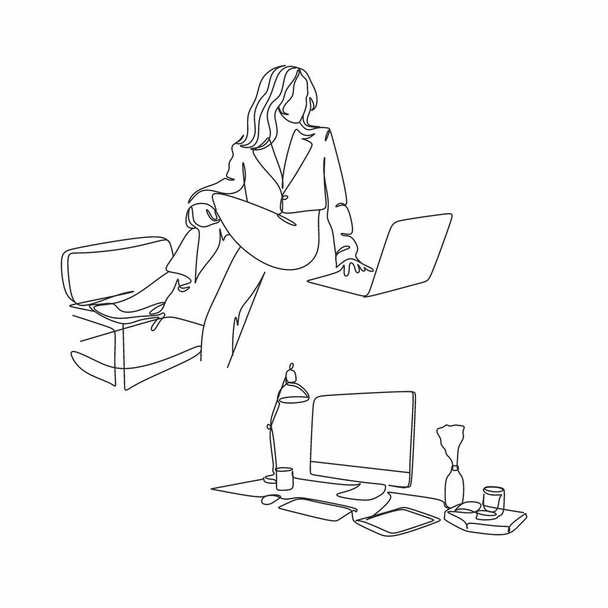 Çalışma masasında dizüstü bilgisayar seyrederken düşünceli bir şekilde oturan ciddi kadın işçinin sürekli çizdiği bir çizgi. İş kavramı analiz eder. Tek çizgi çizimi grafik tasarım vektörü çizimi - Vektör, Görsel