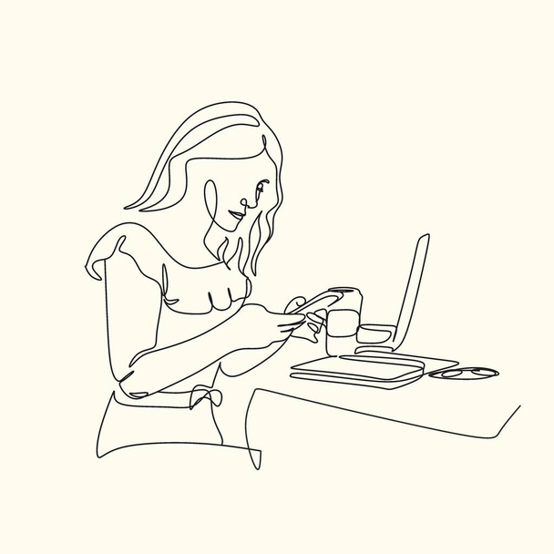 Yksi jatkuva piirros nuoresta vakavasta naistyöntekijästä, joka istuu penseästi katsellen kannettavan tietokoneen näyttöä työpöydällä. Business Analysoi käsite. Piirrä graafisen suunnittelun vektorikuva yhdellä viivalla - Vektori, kuva