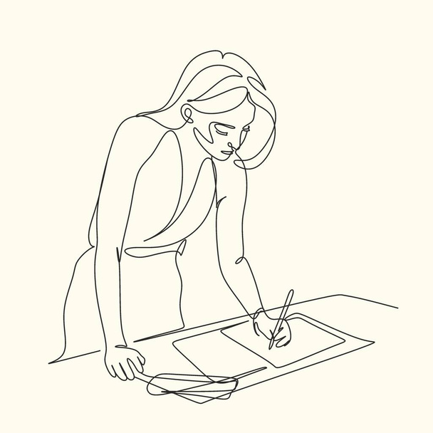 Çalışma masasında dizüstü bilgisayar seyrederken düşünceli bir şekilde oturan ciddi kadın işçinin sürekli çizdiği bir çizgi. İş kavramı analiz eder. Tek çizgi çizimi grafik tasarım vektörü çizimi - Vektör, Görsel