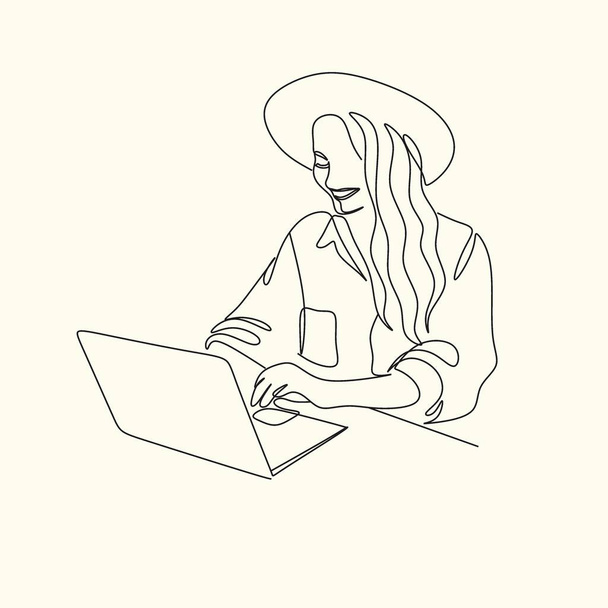 Woman Working at Home Office. Character Sitting at Desk in Room, Looking at Computer  - Vector, Image